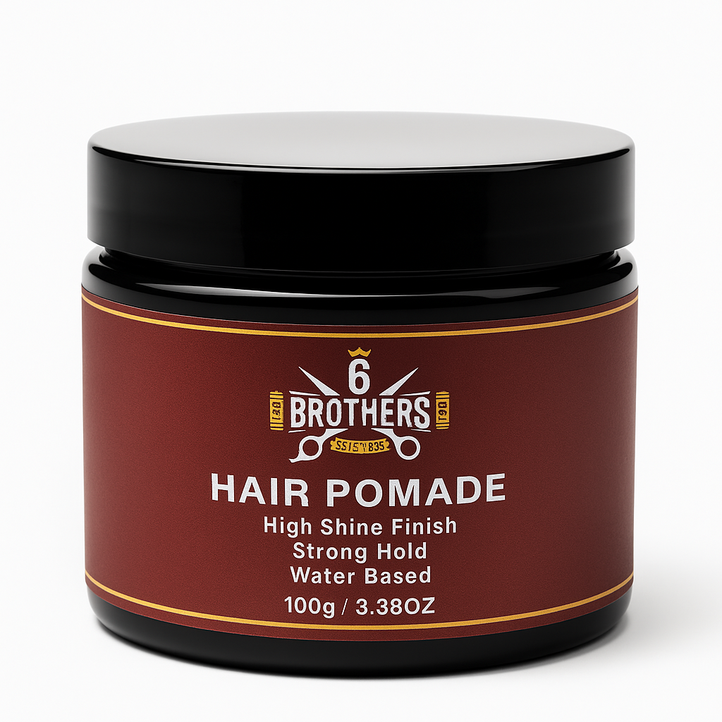 Hair Pomade jar with high shine finish and strong hold, 100g, by 6 Brothers.