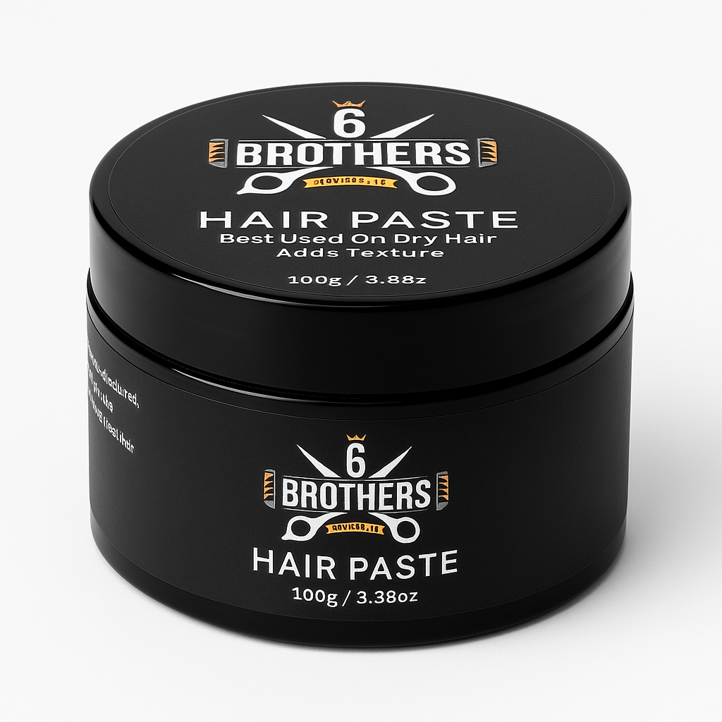 Strong hold hair paste by 6 Brothers for all hair types in a black jar.