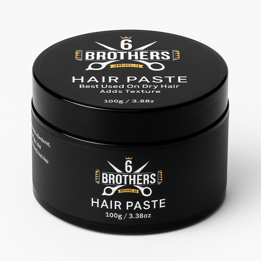 Strong hold hair paste by 6 Brothers for all hair types in a black jar.