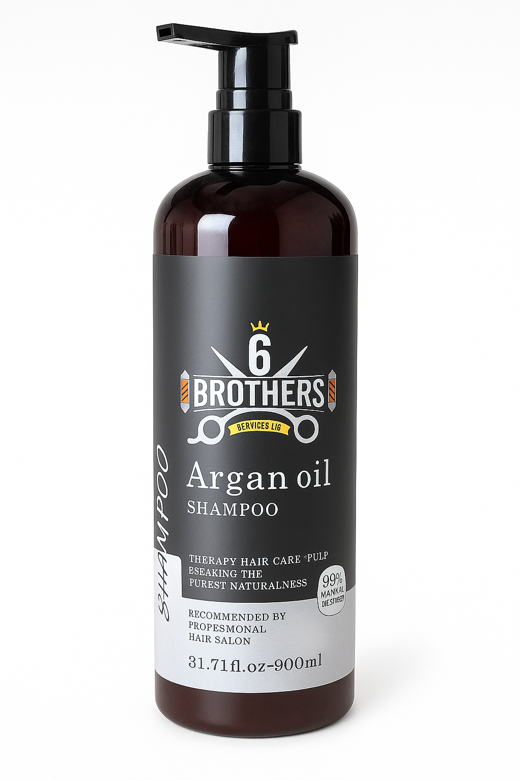Argan Bliss Shampoo with Moroccan Argan Oil by 6 Brothers, sulfate-free and nourishing with aloe vera, tea tree oil, and coconut extract, 900ml bottle.