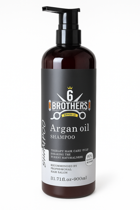 Argan Bliss Shampoo with Moroccan Argan Oil by 6 Brothers, sulfate-free and nourishing with aloe vera, tea tree oil, and coconut extract, 900ml bottle.